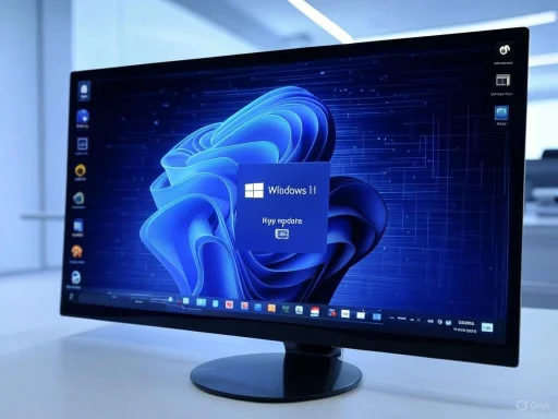 A computer monitor displays the Windows 11 desktop with a blue, ribbon-like background design.