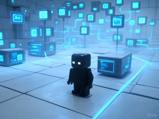 A small black robot with glowing eyes stands in a futuristic digital environment with floating screens and blue holographic data.