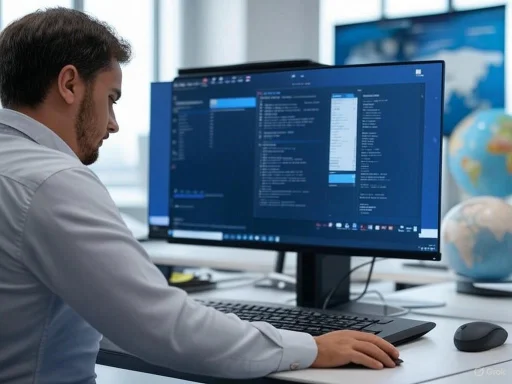 A man working on a computer in an office, looking at a screen with email or chat messages.
