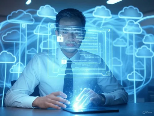 A man in a business suit interacts with a holographic digital interface amidst a cloud computing background.