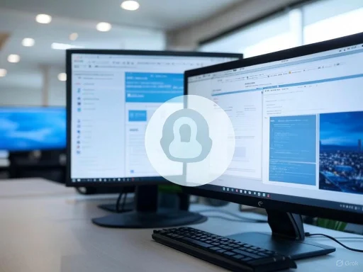 Multiple computer monitors displaying email and workspace, with a lock icon overlay indicating security or privacy.