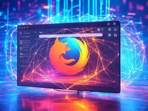 A digital illustration of the Firefox logo displayed on a computer screen with vibrant, glowing network connections in the background.