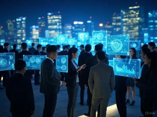 Business professionals gather outdoors at night, engaging with futuristic holographic data displays against a city skyline.
