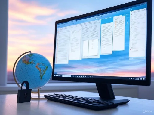A computer with multiple open documents on the screen, a globe, and a lock on a desk against a sunset sky.