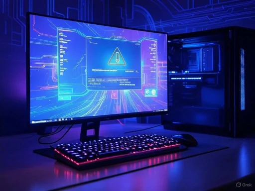 A computer setup with a neon-lit screen displaying a warning message in a futuristic digital interface. A computer setup with a neon-lit screen displaying a warning message in a futuristic digital interface.