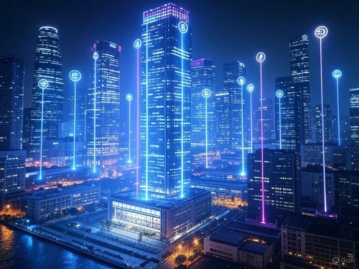 Futuristic city skyline illuminated with neon light lines connecting skyscrapers at night. Futuristic city skyline illuminated with neon light lines connecting skyscrapers at night.