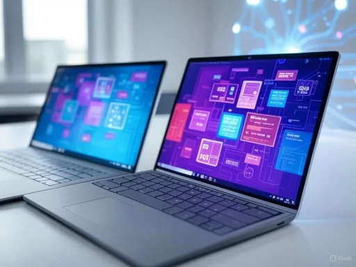 Two laptops with digital, futuristic interface displays on a white desk in a bright room.