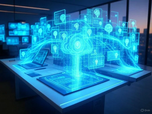 A digital hologram of cloud computing with interconnected brain and location icons on a modern office desk. A digital hologram of cloud computing with interconnected brain and location icons on a modern office desk.