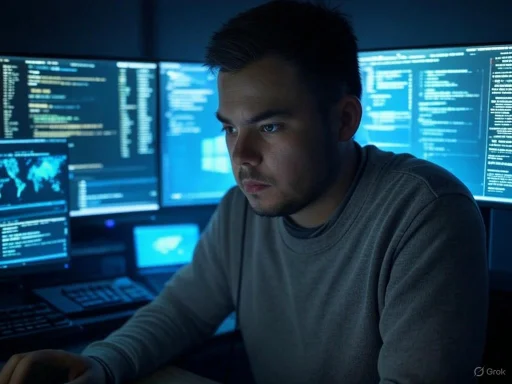 A man monitors multiple computer screens displaying code and data in a dark, focused environment.