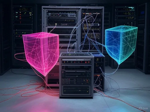 Two holographic shields, one pink and one blue, hover in front of server racks connected by illuminated wires.