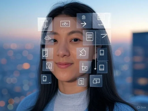 A woman with digital icons of files and folders floating over her face, symbolizing technology and data.