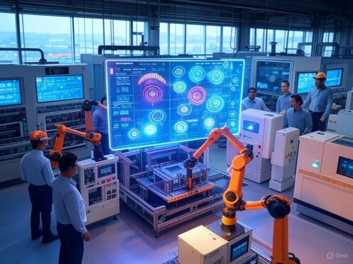 Robots and engineers collaborate in a high-tech factory with advanced machinery and large digital displays.