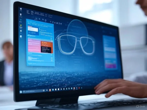A computer screen displays a 3D design of glasses with various design and development software windows open. A computer screen displays a 3D design of glasses with various design and development software windows open.