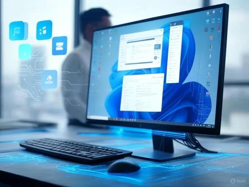 A desktop computer displaying multiple windows, with digital icons and holographic interface elements in a modern office setting.