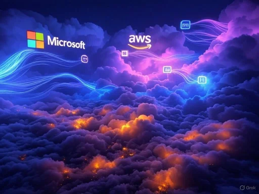 Clouds illuminated in purple and orange hues with logos of Microsoft and AWS, connected by digital wave lines.