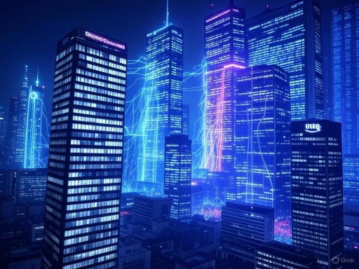 City skyscrapers illuminated with blue lights and lightning effects in a futuristic, cyberpunk style.
