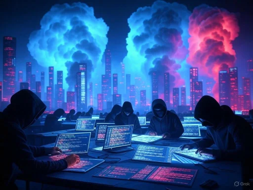 Groups of hackers in hoodies working on laptops against a cityscape with colorful, smoky explosions.