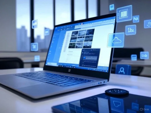 A laptop displays a social media platform with floating digital icons, suggesting cloud storage and connectivity.