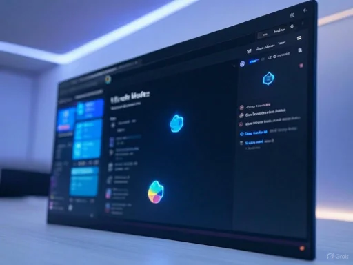 A computer screen displays a dark themed interface with colorful icons and a sidebar menu, set against a modern, minimalistic room ambiance.