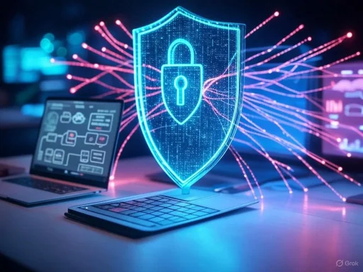 A digital shield with a padlock, symbolizing cybersecurity, floats above a keyboard with data streams and screens in the background.