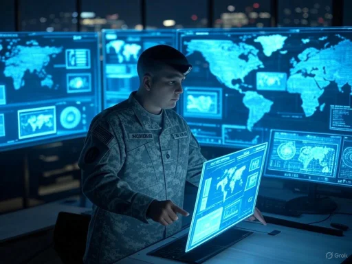 A soldier monitors global security data on bright digital screens in a high-tech operations room. A soldier monitors global security data on bright digital screens in a high-tech operations room.