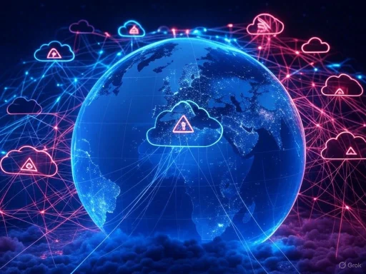 Digital globe surrounded by cloud icons and network lines, symbolizing global cloud computing and data connectivity.