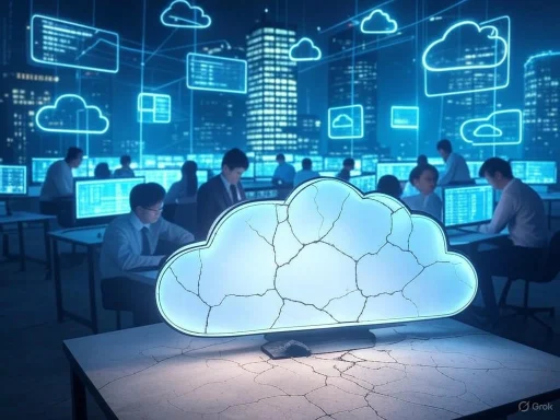 Businesses and people working with cloud computing technology in a futuristic digital environment.