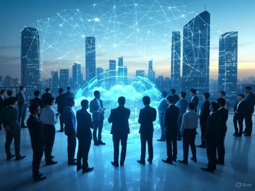 Businesspeople gather in a futuristic cityscape with digital cloud and network graphics, symbolizing technology and connectivity. Businesspeople gather in a futuristic cityscape with digital cloud and network graphics, symbolizing technology and connectivity.