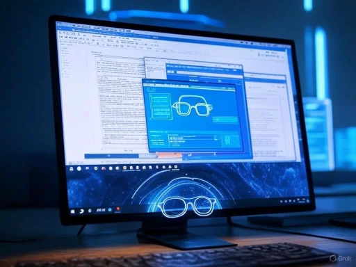 A computer monitor displays coding, text, and graphics related to eyewear technology or design.