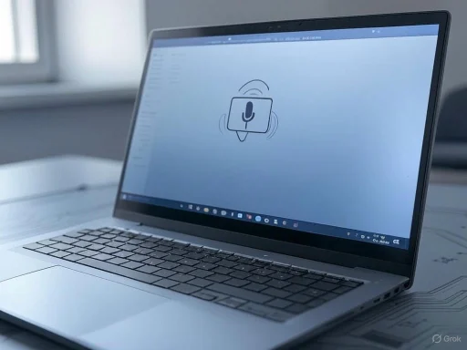 A laptop displays a voice recognition icon on a light-colored desk near a window.