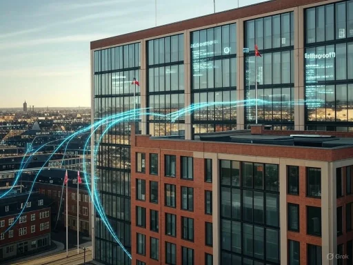 A modern glass office building with digital data streams overlayed, symbolizing smart technology and connectivity.