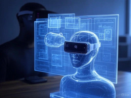 A digital hologram of a person wearing a virtual reality headset, with schematic graphics indicating a high-tech environment.