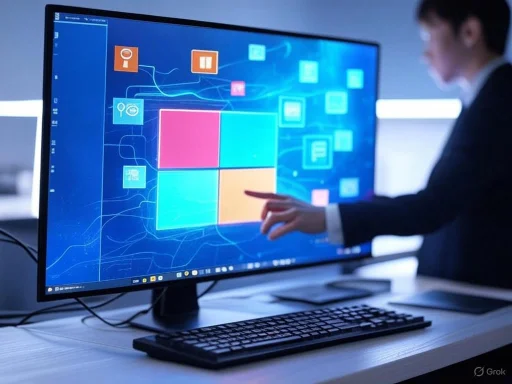 A person interacts with a large monitor displaying a colorful digital interface or infographic.