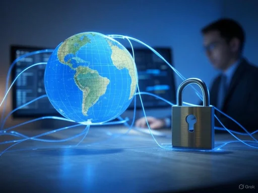 A digital globe with network lines and a padlock symbolize cybersecurity and global data protection.