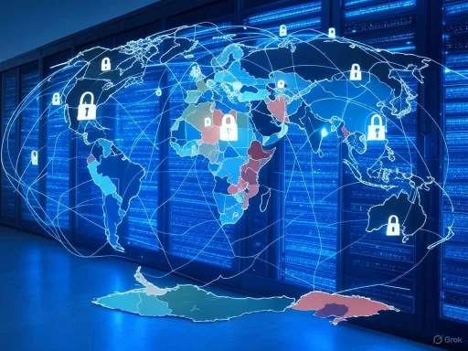 A digital map of the world with interconnected lines, highlighting cybersecurity and data protection.