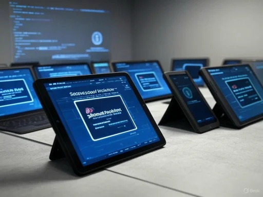 Multiple tablets display digital content on a table in a dark room, with some screens showing a warning or error message.