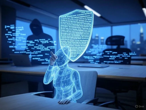 A holographic figure with a shield-shaped head and robotic body sits at a desk in a modern office, with a hacker in the background.