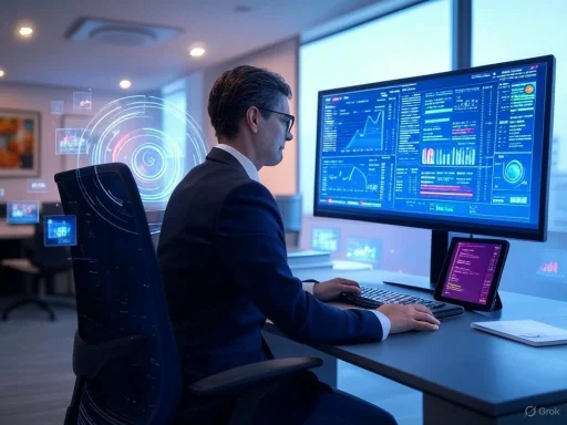 A businessman analyzes data on a large screen in a modern, tech-enabled office environment.