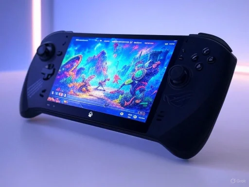 A handheld gaming device displaying a colorful sci-fi or fantasy game scene.