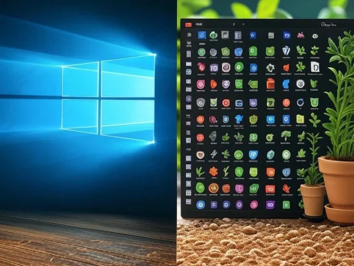 A tablet with plant care app icons sits on a carpet next to a potted plant, contrasting with a Windows desktop background.