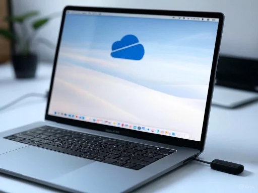 A laptop displaying a cloud icon on its screen, connected to a network, in a modern workspace setting.