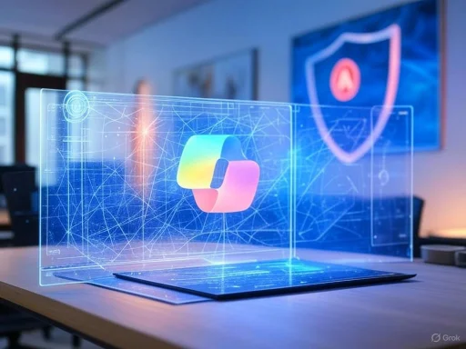 A holographic digital interface displaying a colorful logo over a network-like background in a modern office setting.