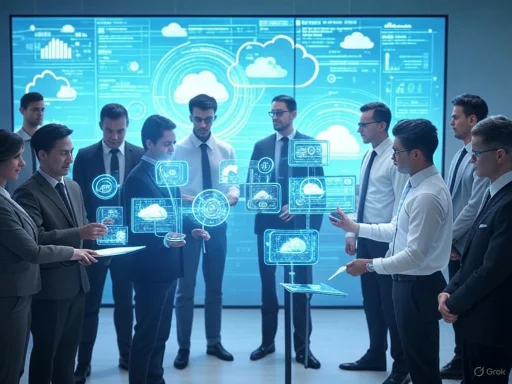 Business professionals discuss cloud technology with holographic and digital cloud data visuals on a large screen.