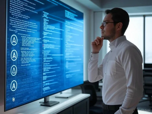 A man in glasses and white shirt analyzes data on a large digital screen in an office environment.
