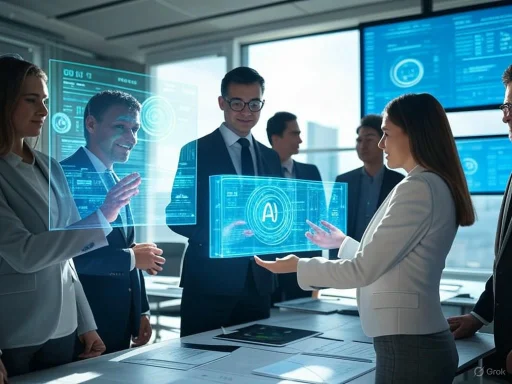 Business professionals discuss artificial intelligence with holographic AI interface in a high-tech office.