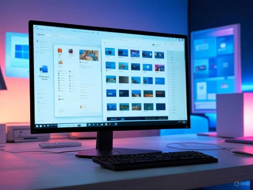 A computer monitor displays a file explorer window with images, set in a colorful, modern office environment with pink and blue lighting.