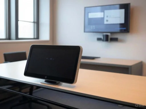 A tablet on a desk in a conference room with a TV screen in the background.
