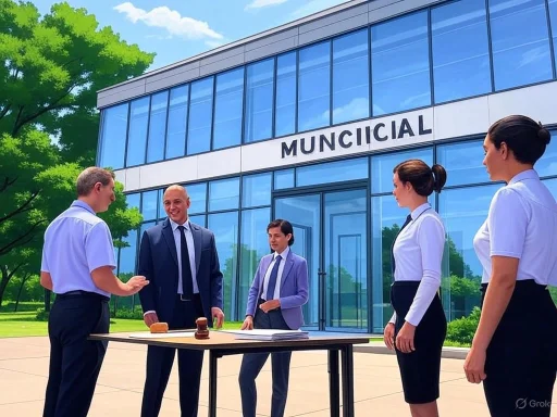 Five people stand outside a municipal building, engaged in a discussion around a table with a gavel.