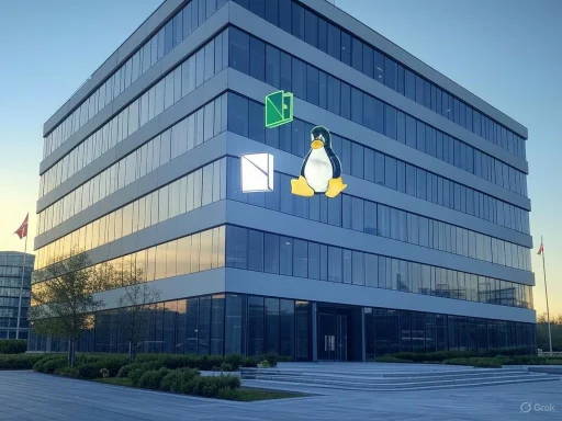 A modern office building with a large Linux penguin mascot and open folder icons on the windows. A modern office building with a large Linux penguin mascot and open folder icons on the windows.