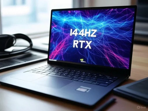 Laptop displaying '144HZ RTX' with a colorful, electric background, placed on a wooden desk near a window.